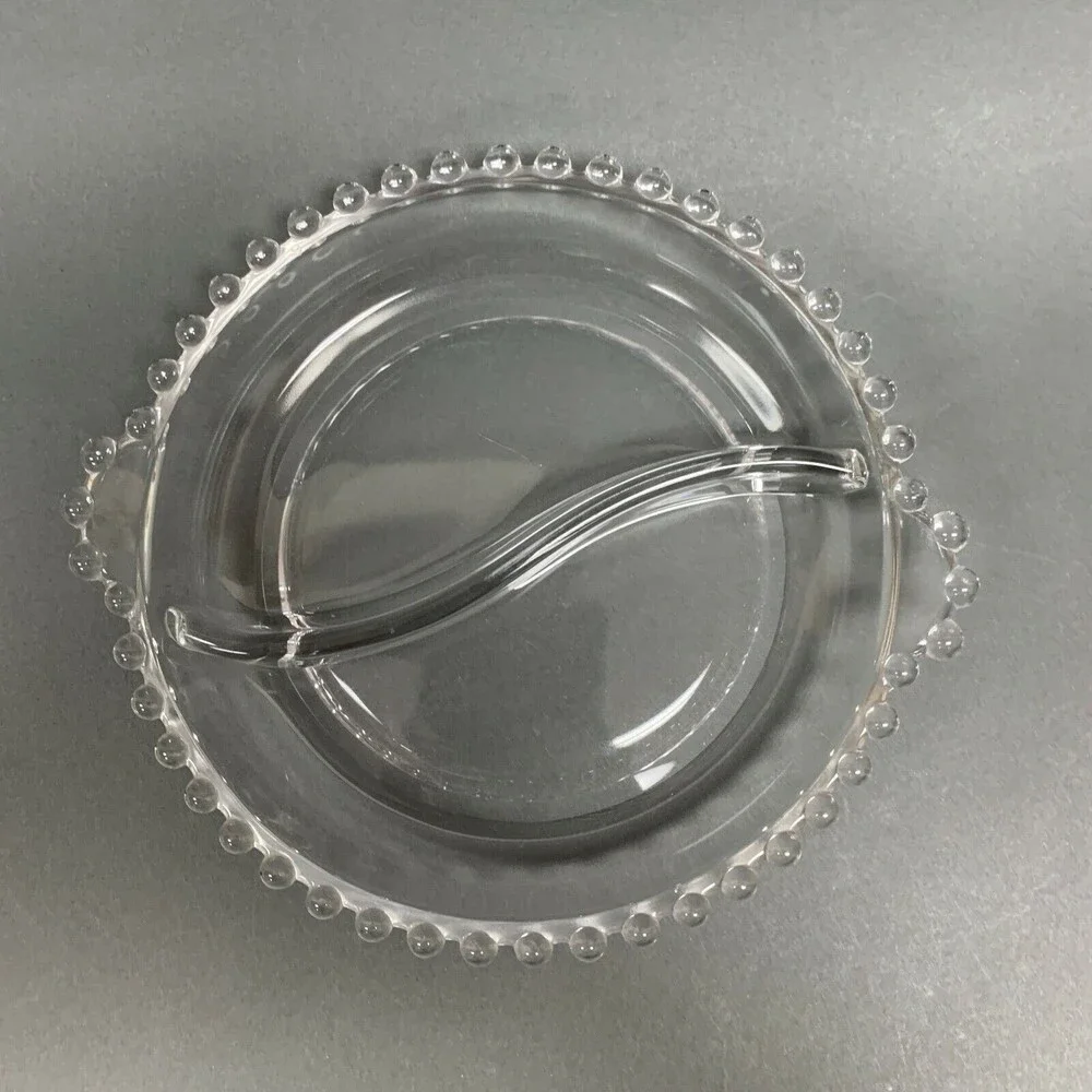 Ohio Imperial‎ Glass Divided Bowl Plate Clear Beaded Candlewick Handles